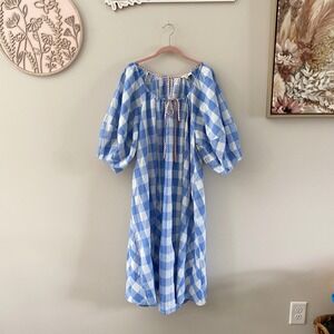 Easel Los Angeles NWT Womens Medium Blue Gingham Puff Sleeve Midi Dress